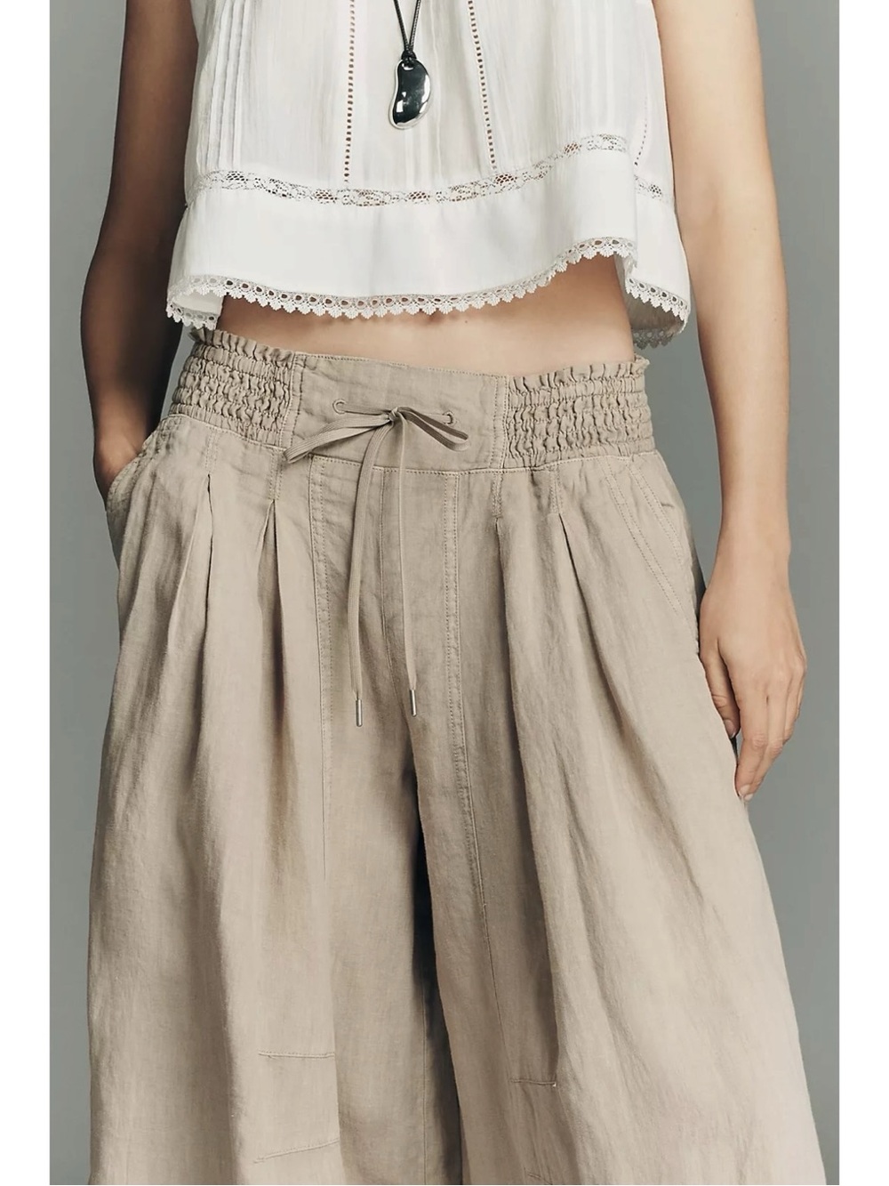 Anthropologie Ruched Linen Wide Leg Parachute Pants Beige Size XL NWT LagenLook - Picture 5 of 11